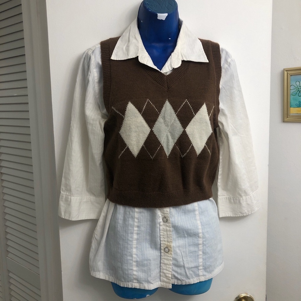 Brown and white argyle sweater vest with a V neck